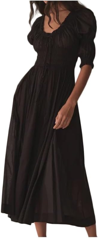 Womens Summer Casual Cotton Puff Half Sleeve Midi Dress Ruffle Smocked Flowy Long Dress for Boho Beach