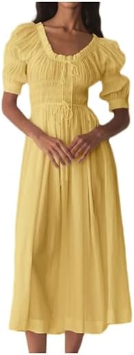 Womens Summer Casual Cotton Puff Half Sleeve Midi Dress Ruffle Smocked Flowy Long Dress for Boho Beach