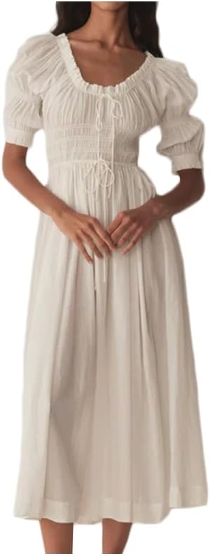 Womens Summer Casual Cotton Puff Half Sleeve Midi Dress Ruffle Smocked Flowy Long Dress for Boho Beach