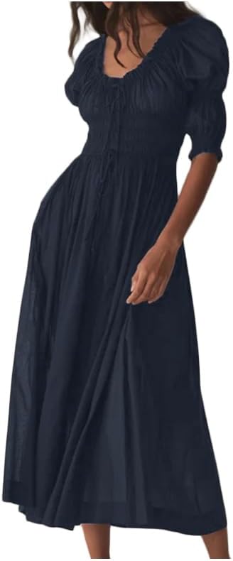 Womens Summer Casual Cotton Puff Half Sleeve Midi Dress Ruffle Smocked Flowy Long Dress for Boho Beach