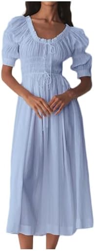 Womens Summer Casual Cotton Puff Half Sleeve Midi Dress Ruffle Smocked Flowy Long Dress for Boho Beach