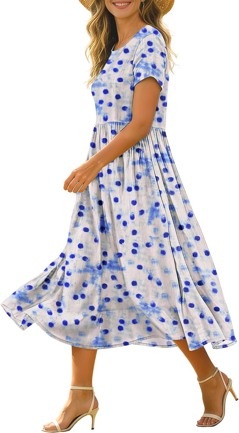 Women's Summer Casual Loose Dresses Boho Floral Maxi Dress for Women Beach Vacation with Pockets HD1