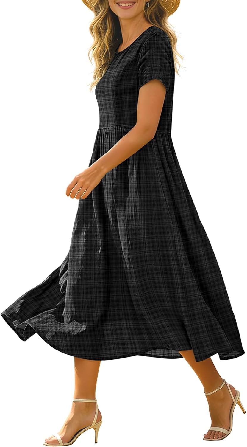 Women's Summer Casual Loose Dresses Boho Floral Maxi Dress for Women Beach Vacation with Pockets HD1