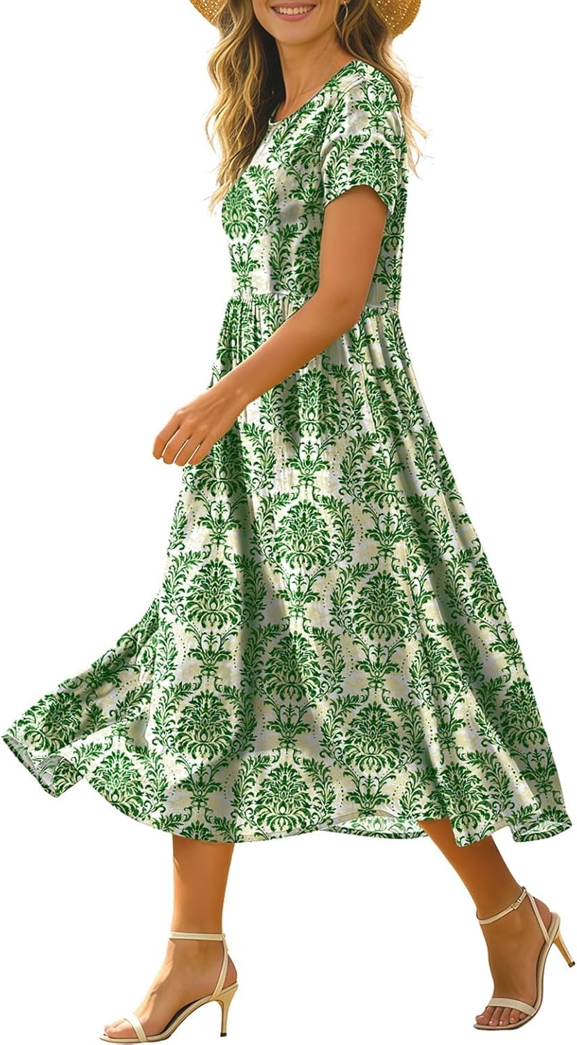 Women's Summer Casual Loose Dresses Boho Floral Maxi Dress for Women Beach Vacation with Pockets HD1