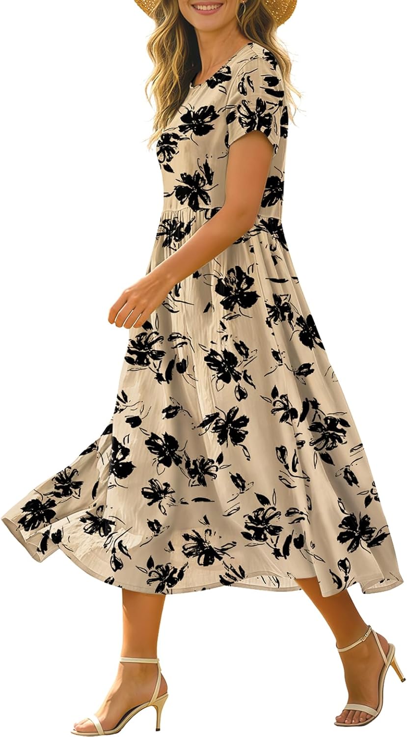 Women's Summer Casual Loose Dresses Boho Floral Maxi Dress for Women Beach Vacation with Pockets HD1