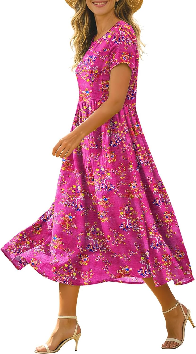 Women's Summer Casual Loose Dresses Boho Floral Maxi Dress for Women Beach Vacation with Pockets HD1