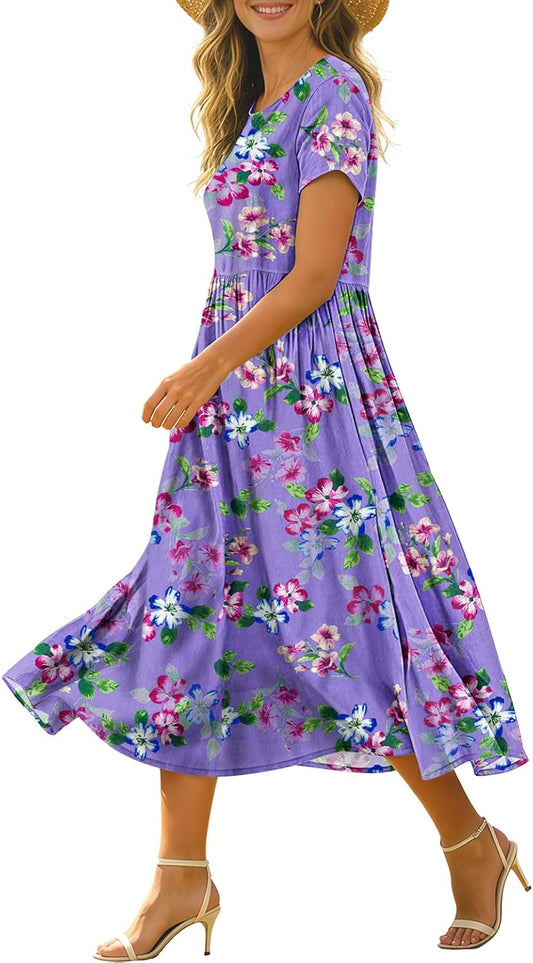 Women's Summer Casual Loose Dresses Boho Floral Maxi Dress for Women Beach Vacation with Pockets HD1