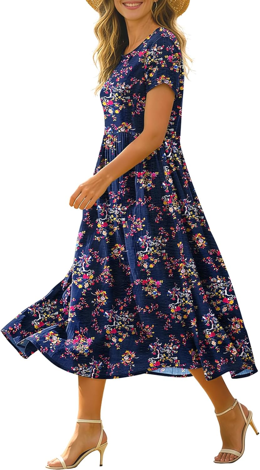 Women's Summer Casual Loose Dresses Boho Floral Maxi Dress for Women Beach Vacation with Pockets HD1