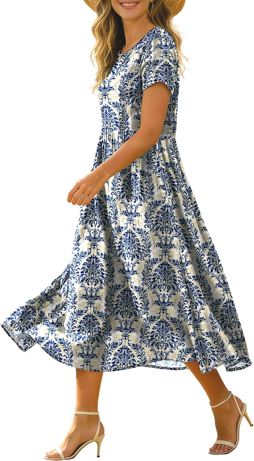 Women's Summer Casual Loose Dresses Boho Floral Maxi Dress for Women Beach Vacation with Pockets HD1